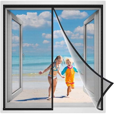 Magnet Fliegengitter Fenster Insektenschutz 80x175 cm, Netz vor Insekten wie Fliegen und Mücken, Magnetverschluß, Fliegenvorhang für Balkontür Schiebetür Terrassentür Schwarz Verstärkte