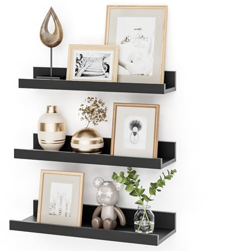 Feihorrm Wandregal 3er Set, Regal Schwarz, 40cm Schweberegal aus Holz | Bilderleiste für Bilderrahmen und Dekorationen, Regal Wand für Arbeitszimmer, Wohnzimmer, Schlafzimmer, Küche und Büro