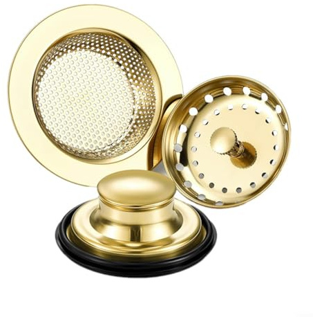 HOHOVYVY 3 Pieces Plug for Sink, Stainless Steel Gold Kitchen Sink Drain Strainer Stopper Sink Basket Kit