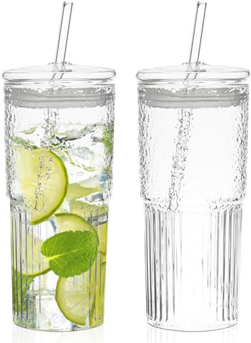 PORFOYO Vasos Con Tapa Y Pajitas,2 Pcs 600 ml Tarros De Té De Burbujas con Pajita Y Tapa,Vasos De Cristal Con Tapa Y Pajita,Vasos De Cristal Transparentes Con Tapa Para Batidos De Leche