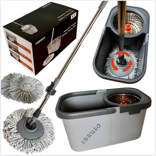 EBRUSO Putzeimer Set – Putzset mit höhenverstellbarem, rotierendem Edelstahl-Stiel (bis 149 cm), 30L Putzeimer & 2 Putzlappen (Ø 30 cm Mop) – Wischmopp Set für Laminat, Fliesen & Parkett (Grau)
