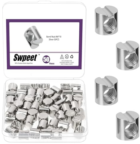 Swpeet Kit de 60 Pièces Écrous Cylindriques M6×10/12/15/20 Nickelés avec Inserts Filetés et en T, Chevilles à Fente, Écrou à 4 Branches, Écrou de Meubles pour Lits Lits d'enfant Armoires