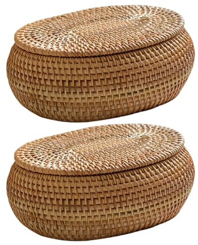 Canasta de mimbre pequeña con tapa, 2 piezas 6.7x5.5x2.8 pulgadas de almacenamiento de ratán, cajas de almacenamiento decorativas en forma de ovalado con tapas.
