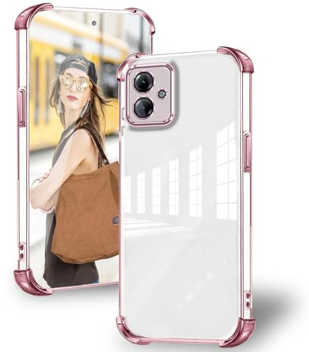 DESSEN Funda para Motorola Moto G14 con Protector Lente Camara & Esquinas Reforzadas Antigolpes Carcasa Silicona Transparente Móvil Case Suave TPU Antiamarilleo, Rosa