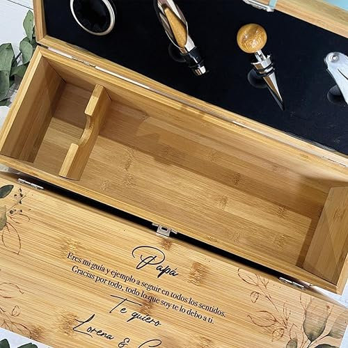 Caja Personalizada para Botella de Vino, un regalo ideal, incluye Sacacorchos, Recogegotas, Dosificador, Tapón.