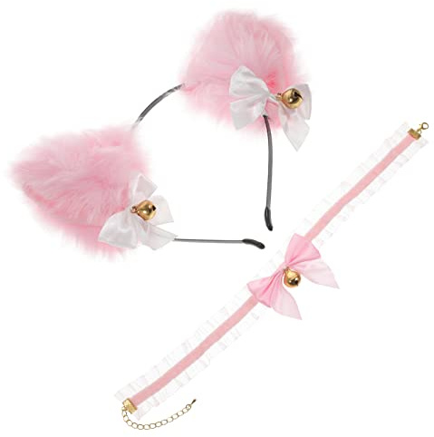 Veemoon Serrage-tête Oreilles de Chat en Dentelle Rose Collier à Clochettes Confortable pour Fête D'anniversaire et Divertissement Élégant et Mignon