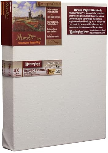 Masterpiece ZSME-1216 Monet Pro 1.5 Deep Cotton 14.6oz Sierra Heavy Weight Medium Tooth Stretched Artist Canvas 12 x 16 3 Pack