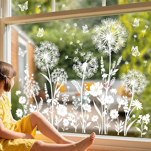 wondever White Dandelion Flower Window Clings Spring Summer Wildflower Flying Butterflies Glass Sticker Decal Anti Collision Double-Side Static Window Stickers for Home Glass