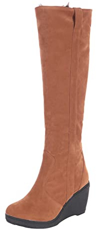 Botas de cuña hasta la rodilla para mujer, gamuza beige, botas altas de invierno con reborde, multiuso, tacón medio, botas cálidas de felpa para mujer, talla 5, Brown, 40 EU