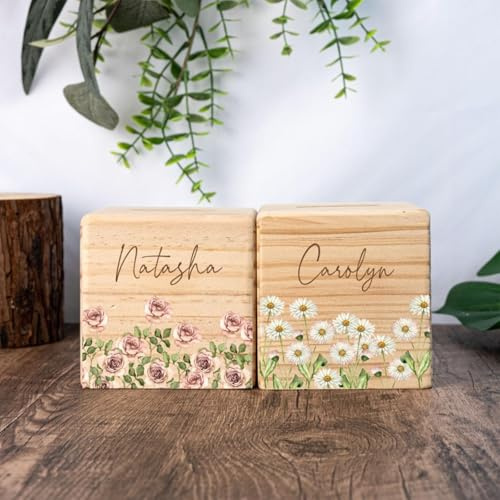 Personalisiertes Sparschwein mit Geburtsblume für Mädchen, Ostergeschenke für Kinder, Wildblumen-Münzbank, Holz-Spardose mit Namen, Geburtstagsgeschenk