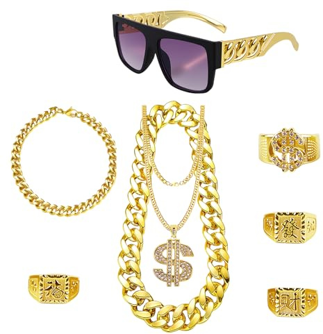 CIYIN Zuhälter Kostüm Set 8 Stück, Hip Hop Kostüm Herren, Hip Hop Schmuck 80er 90er Jahre Accessoires, Hip Hop Rapper Kostüm Set, Goldkette Dollar Ring Halskette für Karneval Mottoparty (Gold-B)