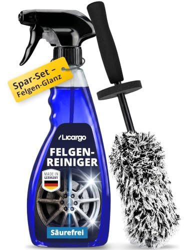 LICARGO Felgenreiniger Set mit Bürste – Säurefreier Alufelgen Reiniger 750 ml mit Wirkindikator + Mikrofaser Felgenbürste extra dünn für enge Speichen – Felgen Reinigungsset Auto & Motorrad