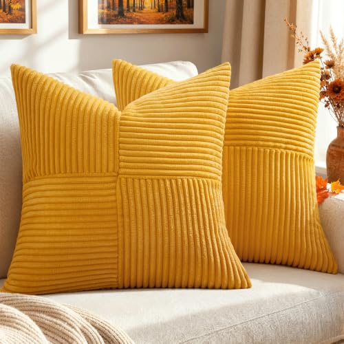 EMEMA Kissenbezug 40x40 Gelb Kordsamt Dekokissen Herbst Sofakissen | Kordoptik Boho Deko Kissenhülle Zierkissenbezug Kord Dekorative Kissen mit Reißverschluss 2er Set