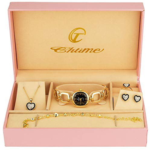 Coffret Cadeau Montre Femme Noir - Parure de Bijoux- Collier-Bague- Boucles d'oreilles - Bracelet