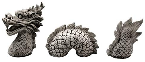 gartendekoparadies.de 3-teiliger chinesischer Drachen, Steinfigur, H. 61 cm, 90 kg, Grau, frostsicher aus Steinguss für Außenbereich