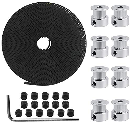 Dadabig 3D Drucker Zahnriemen Satz, Riemenscheibe Kit mit 8 Stück 20 Zähne Riemenscheibe 5mm Bohrung+1 Rolle 5M GT2 Timing Zahnriemen+16 schwarze Madenschrauben+1 Schrauben Inbusschlüssel- 3D Drucker
