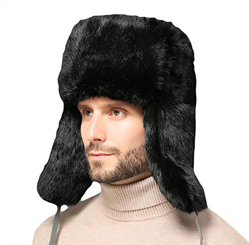 Insun Herren Fliegermütze Wintermütze Warme Russenmütze Pelzmütze mit Ohrenklappen Schwarz L 58-60cm