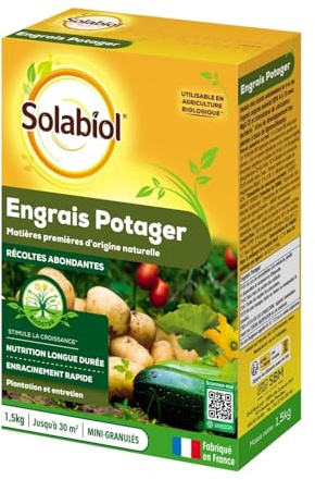 SOLABIOL Engrais Potager - 1,5Kg - Jusqu'à 30m² - Nutrition Longue Durée - Efficace Pour Tous Les Légumes - Bonifie Le Sol - Utilisable En Agriculture Biologique SOPOTY15
