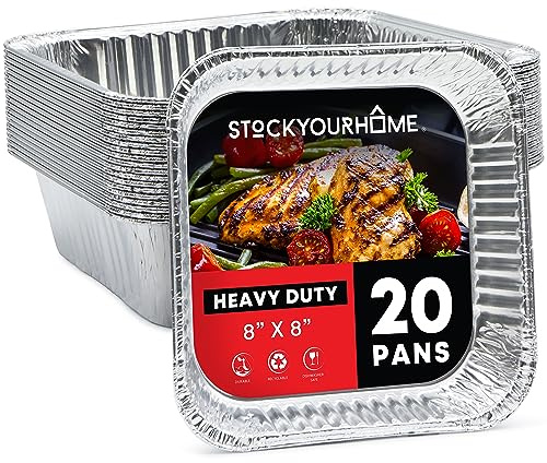 Stock Your Home Aluminum Pans 8x8 Disposable Foil Pans (20 Pack) - 8 Inch Square Pans - Tin Foil Pans Great for Cooking, Heating, Storing, Prepping Food