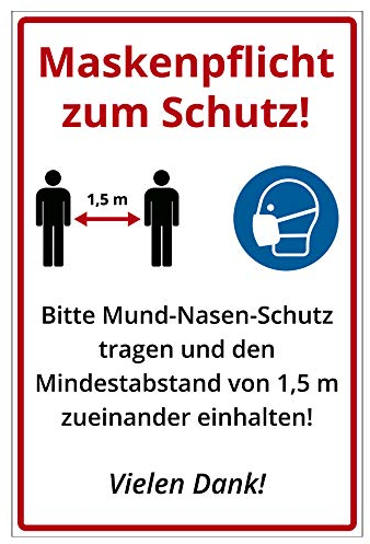 Hinweis-Schild 300x200 mm - Maskenpflicht und Mindestabstand zum Schutz, aus Alu/Dibond 300x200 mm - 3 mm stark