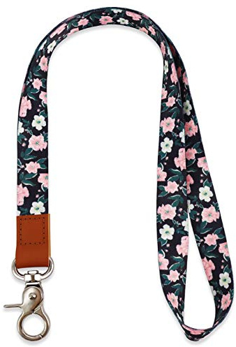 HONZUEN Snodd Halsband med hög kvalitet, lång polyesternackrem med metallklämma och äkta läder, lätt hållbar snodd för ID-märkeshållare, telefon, USB, nyckelring, visselpipa(blom)