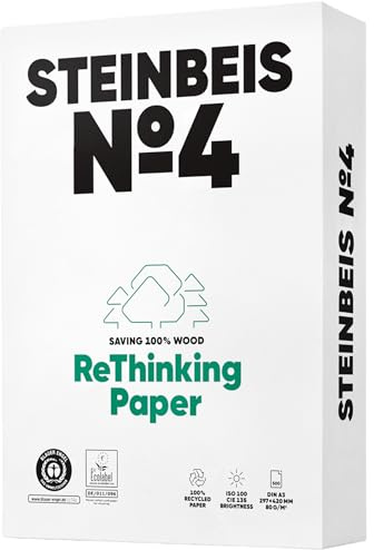 Steinbeis No. 4 Druckerpapier – 2500 (5 x 500) Blatt DIN A3 Recycling-Papier 80 g/m², Weiß & Chlorfrei, hochwertiges Kopierpapier ISO 100 / CIE 135
