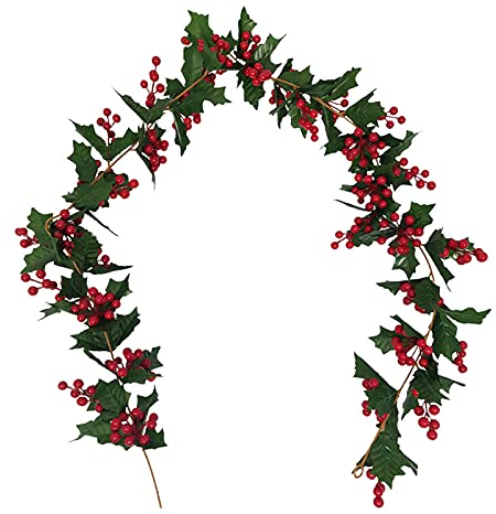 TIAVNTD Weihnachtsgirlande,rote Beerengirlande,170 cm,künstliche Stechpalme und Beeren,Weihnachtsgirlande für Innen- und Außenbereich,hängende Schnur,Gartendekoration für Neujahr,Kamin,Tischdekoration