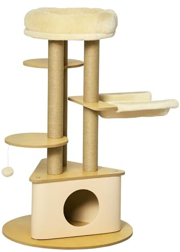 PawHut Árbol Rascador para Gatos Ø60x99 cm con Cueva Triangular de Fieltro Extraíble Hamaca Cama Lavable Postes Rascador de Yute Plataformas y Bola Colgante Beige y Natural