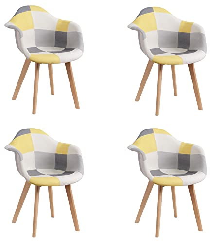 GrandCA HOME 4er-Set Esszimmerstühle mit Armlehne, Vintage-Küchenstühle, Sessel, Massivholzbeine und Patchwork-Stoffsitz, für Schlafzimmer, Wohnzimmer, Esszimmer und Küche, Gelb