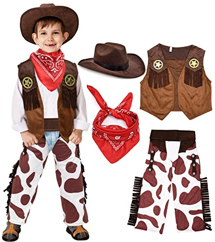 Tacobear Cowboy Kostüm Kinder mit Bandana Halstuch Hut Weste Hose Western Cowboy Cosplay Set Fasching Karneval Halloween Kostüm für Jungen