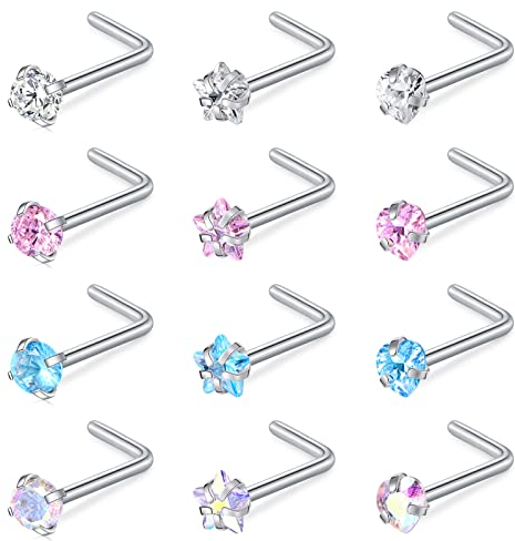WillTen Nasenstecker L-Form Damen Nasenpiercing Stecker Diamant CZ Silber Chirurgenstahl Herz Stern Schmuck Piercing 12 Stück 20G
