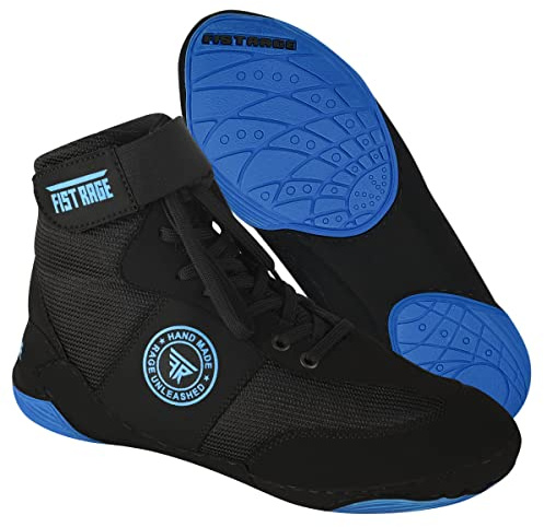 FISTRAGE Wrestling Shoes Fighting Sports Master Training Mesh and Rubber Sole Unisex Pro Men's and Youth Genuine Boot Light Weight | Combat Footwear for Adults (Blue-Black, 8)