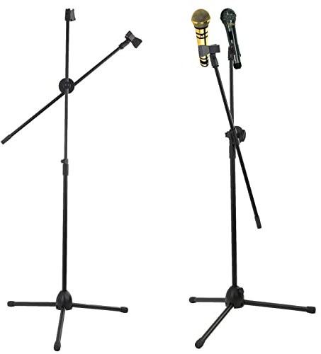 PROFESSIONAL BOOM MICROPHONE MIC STAND HOLDER ADJUSTABLE WITH FREE CLIPS NEW，Fully adjustable legs，Adjustable boom angle，Sleek black design，Metal construction