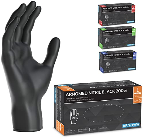 ARNOMED Guanti monouso neri, guanti in nitrile L, guanti monouso nitrile confezione da 200 pezzi, guanti nitrile senza polvere, guanti per alimenti senza lattice, guanti taglie S, M, L e XL
