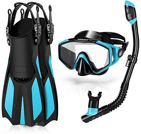 Odoland Snorkelset med bred vy dykmask, torr topp snorkel, simfenor i bärväska, anti-dimma anti-läckage snorklingsutrustning för män kvinnor vuxna och barn svart/blå L