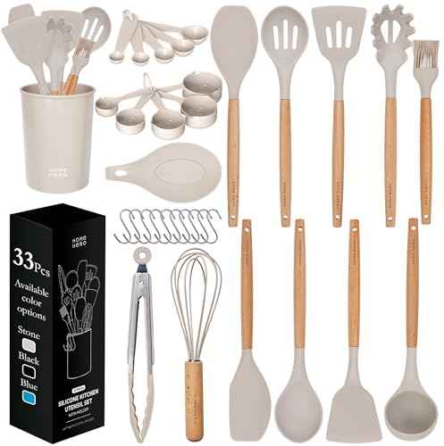 Utensilios de Cocina Resistentes al Calor y Antiadherentes - Espátula Cuchara Cucharón Pinzas Tijeras Set (33 Piezas Silicona Set)