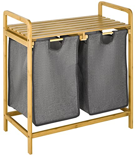 HOMCOM Portabiancheria in Legno di bambù, Doppio cesto Estraibile con Maniglie e Ripiano a Doghe, 63.5x33x73cm, Grigio