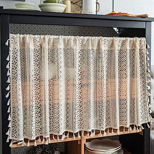 LIMITADA Scheibengardine Landhausstil Kurzgardine Bistrogardine Häkeloptik Scheibengardine Boho Vorhänge Fenstervorhang Kurzstore Gardine mit Quasten Kurzgardinen für Cafe Zimmer, B150×H45cm
