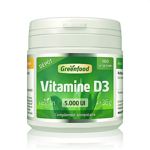 Greenfood Vitamine D3, 5000 UI, extra haute dose, 180 comprimés - SANS additifs