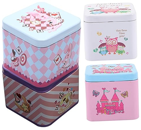 HOMSFOU 4 Stück Box Weißblech Aufbewahrungsbox Kleine Keksdosen Süßigkeitendose Aufbewahrungskoffer Metall Keksdosen Metalldose Leere Metall Teedosen Kinder Sparschwein