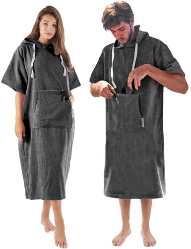 CalmyBEACH Frottee Badeponcho Damen Herren - Surf Poncho 100% Baumwolle Strandponcho mit Reißverschlussfach Kapuze Umziehhilfe Strand Bademantel (L-XL, Anthrazit)