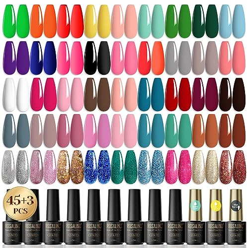 ROSALIND UV Nagellack Set，45+3 Stück Mini Gel Nagellack Grün Orange Gelb Lila Blau Schwarz Rosa Glitzer Farbgel Gelnägel für Nagelstudio Design Starter Maniküre Geschenkset