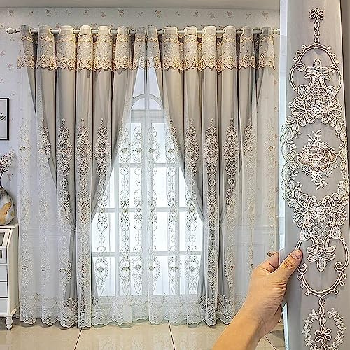 Amidoudou Coppia di tende europee a doppio strato con valances per soggiorno, camera da letto, 3D fiore ricamato (grigio, 140 x 230 cm)