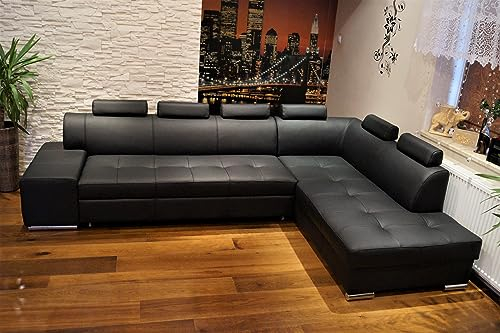 Quattro Meble Schwarz Echtleder Ecksofa London PIK 6z 300 x 200 Sofa Couch mit Schlaffunktion, Bettkasten und Kopfstützen Echt Leder Eck Couch große Farbauswahl (Ecke Rechts 300x200 cm)