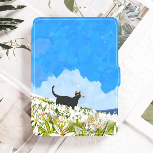 Hülle Für 6 Kindle Paperwhite 2012-2017 (5./6./7. Generation, Modell: Ey21/Dp75Sdi), Personalisierte Schutzhülle Aus Pu-Leder – Schwarze Katze In Den Blumen