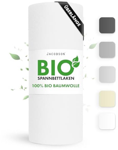 Jacobson Bio Spannbettlaken ÜBERLÄNGE 90x220cm Baumwolle Spannbettlaken, GOTS zertifiziertes Bettlaken, 160g/m² Jersey Spannbetttuch (90x220, Weiß)