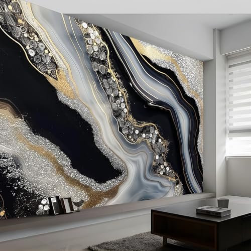 Papier Peint Panoramique Géométrie À Rayures Noires Et Blanches En Marbre Mural, Noir Et Or Poster Géant Mural Personnalisé 3D pour Salon, Chambre d'Enfants, 250 x 175 cm Décoration Murale Fresque