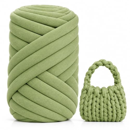Armstricken Wolle 500g 25m, XXL Extra Dickes Schlauchgarn zum Handstricken | 2cm Grob Gestrickte Handstrickgarn, Dicke Wolle Sperrige Chunky Yarn für DIY Taschen Decken Körbe Haustiernester (Grasgrün)