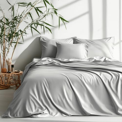 Lanqinglv Bettwäsche 220x240 cm aus 100% Bambus Lyocell,Silbergrau Mako Satin Bettwäsche Set Kühlende mit Reißverschluss,Oeko-TEX Zertifiziert,Luxus Glatt Bettbezug 220x240 und 2 Kissenbezug 80x80