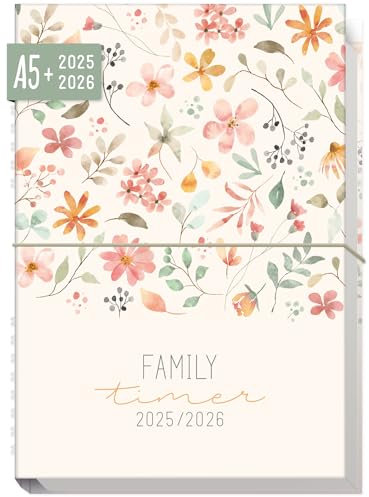 Häfft® Family-Timer 2025/2026 A5 Wild Blossoms Familienkalender 4 Spalten, Buchkalender Familienplaner für 18 Monate: Juli 25 bis Dez 26 - nachhaltig & klimafreundlich